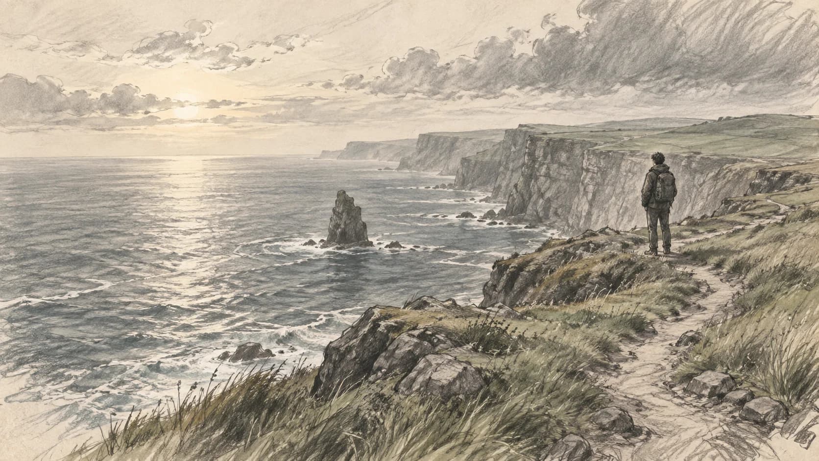 The same coastal idea explored as a pencil sketch